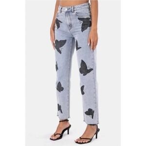 Adika Women's Jeans XS Light Wash Butterfly Print Denim High Waist Mom Jeans